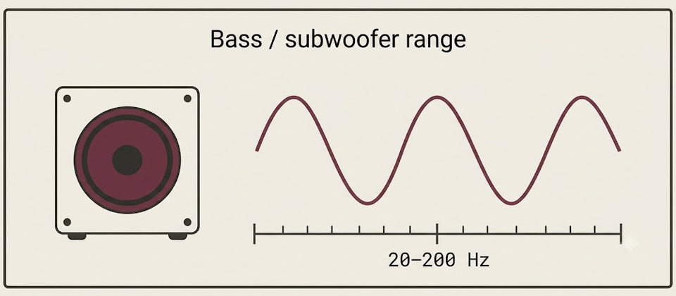 Subwoofer next to a low-frequency wave labeled 20–200 Hz